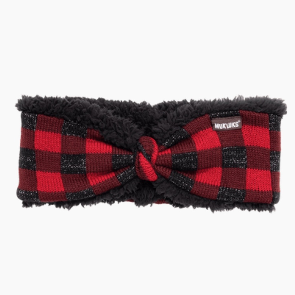 MUK LUKS Buffalo Plaid Reversible Headband in Dark Red/Black with Faux Fur - Picture 4 of 16